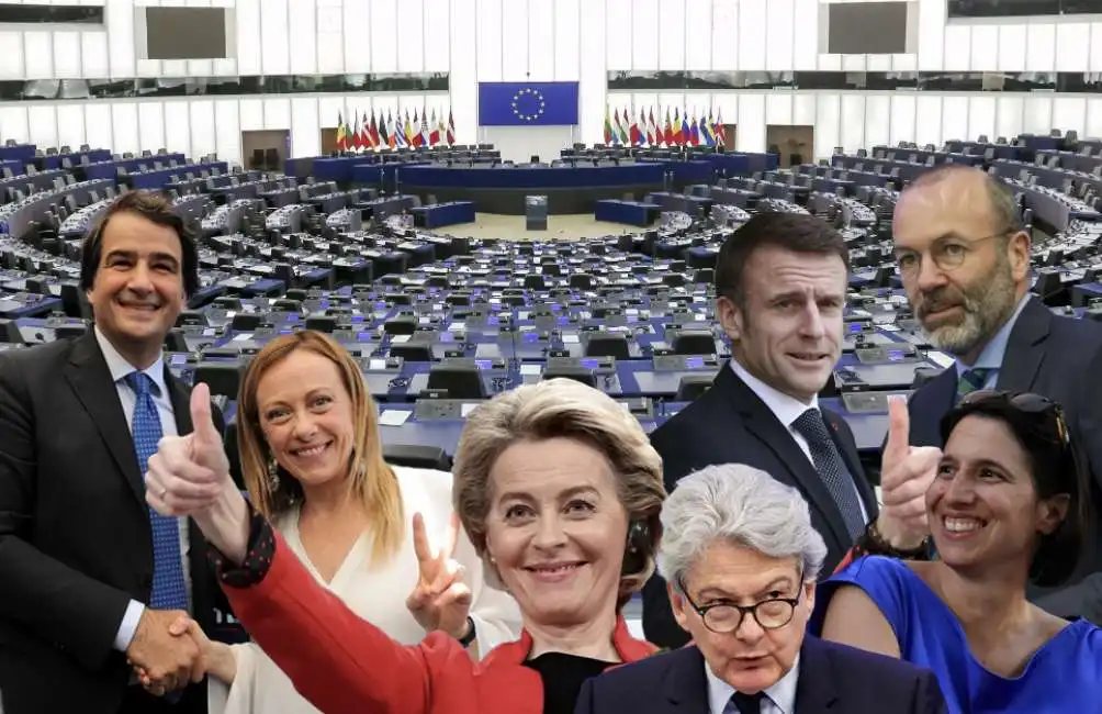 ursula von der leyen giorgia meloni raffaele fitto emmanuel macron breton thierry breton manfred weber elly schlein