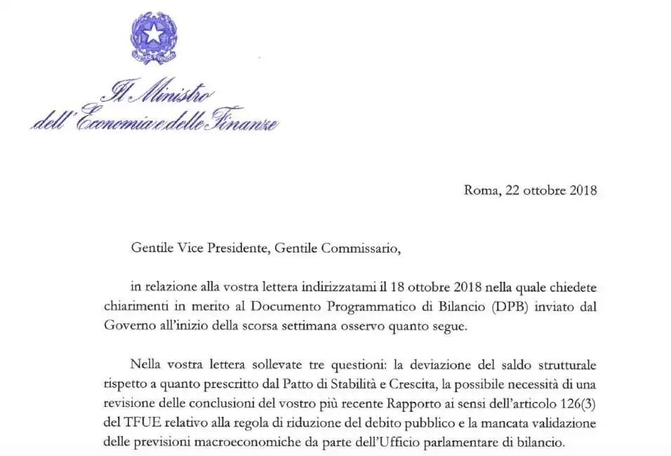 la lettera in risposta a moscovici di tria