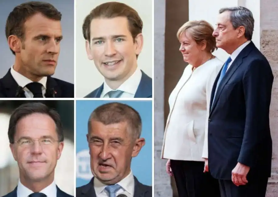 emmanuel macron mark rutte sebastian kurz andrej babis mario draghi angela merkel