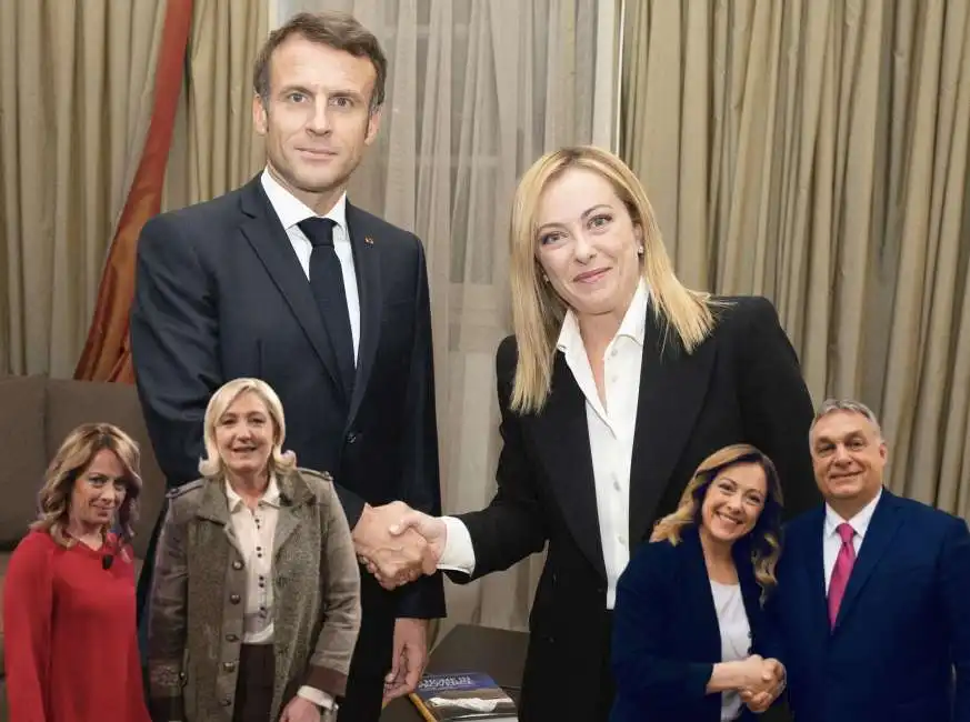 giorgia meloni marine le pen emmanuel macron viktor orban 