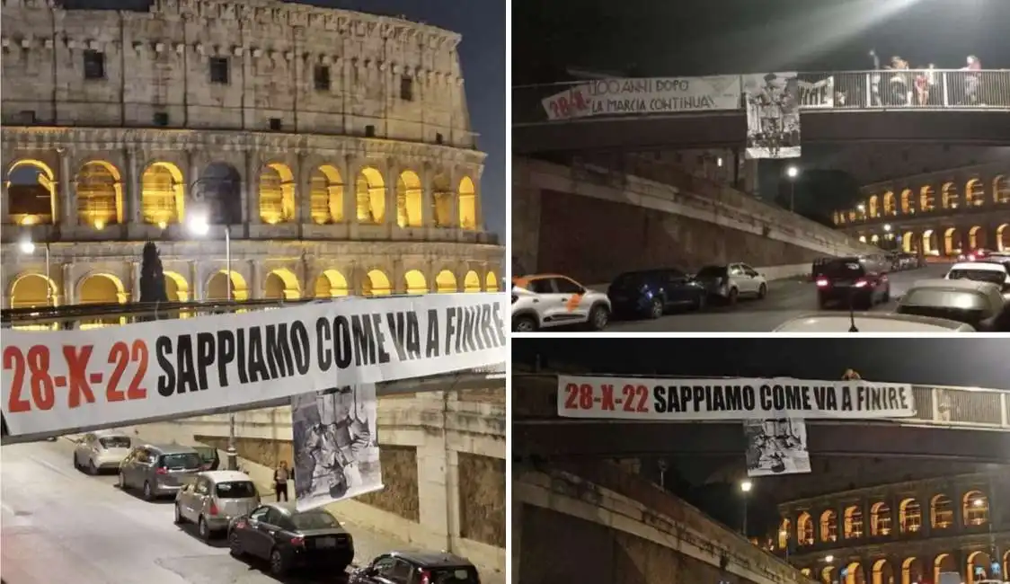 striscione per la marcia su roma e gigantografia di mussolini al colosseo - 3 fascista fascisti 