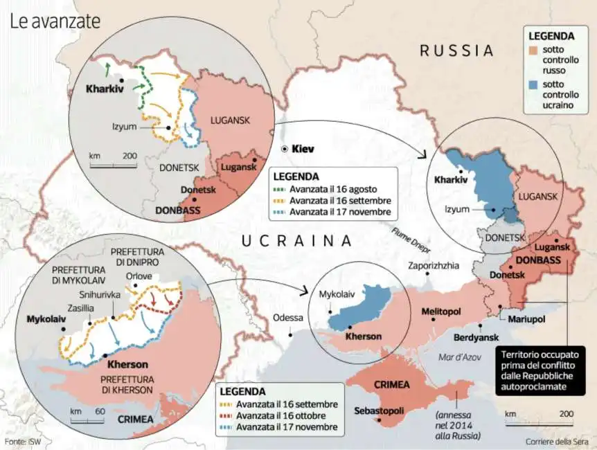 guerra in ucraina - mappa delle avanzate al 18 novembre 2022 - grafica corriere della sera