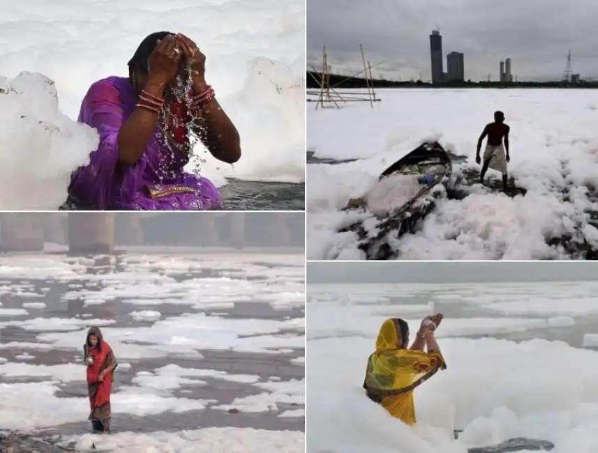 schiuma tossica nel fiume yamuna 