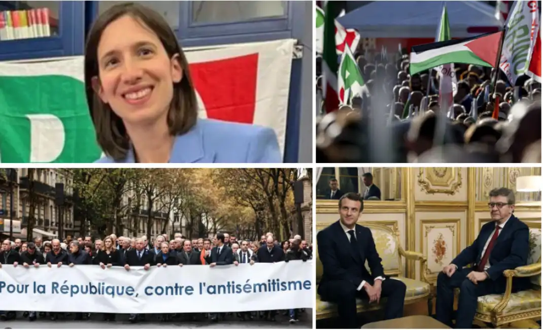 schlein bandiere palestine alla manifestazione dem macron