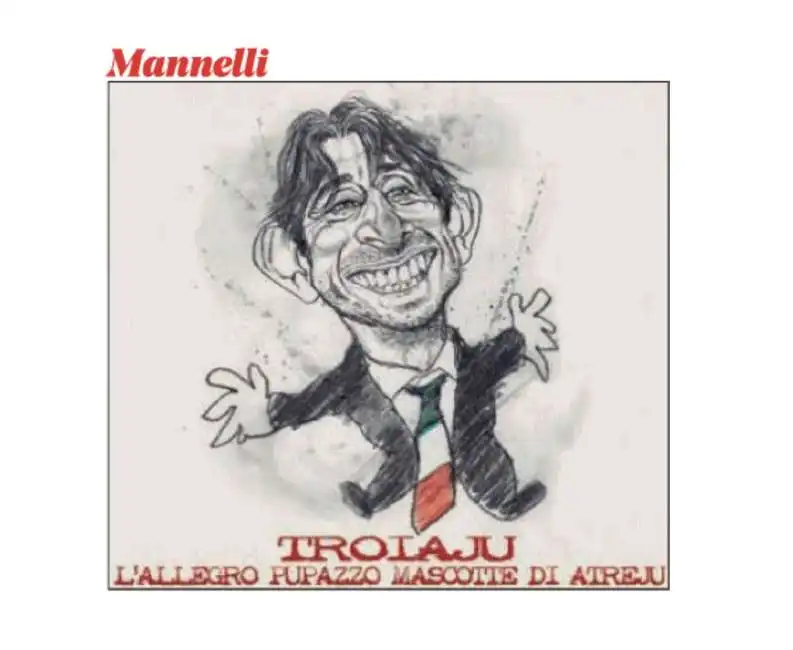 troiaju - donzelli in versione allegro pupazzo mascotte di atreju - vignetta by mannelli giovanni donzelli 